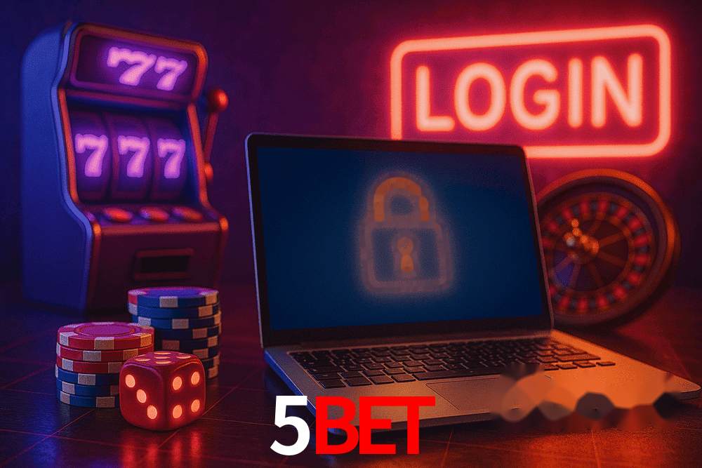 Escena dinámica inspirada en casino con iluminación 5BET, cartas, fichas e íconos de juegos digitales en un espacio moderno de juegos.