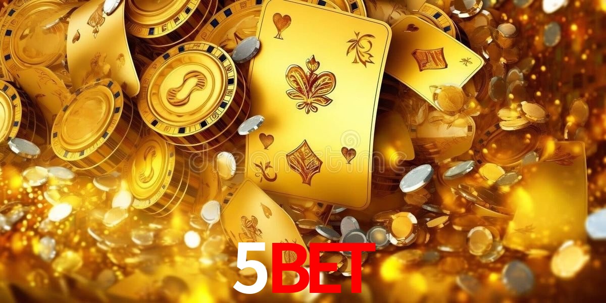 Una escena digital vívida inspirada en casino con 5BET mostrado prominentemente, luces brillantes, fichas, cartas y acentos dorados.