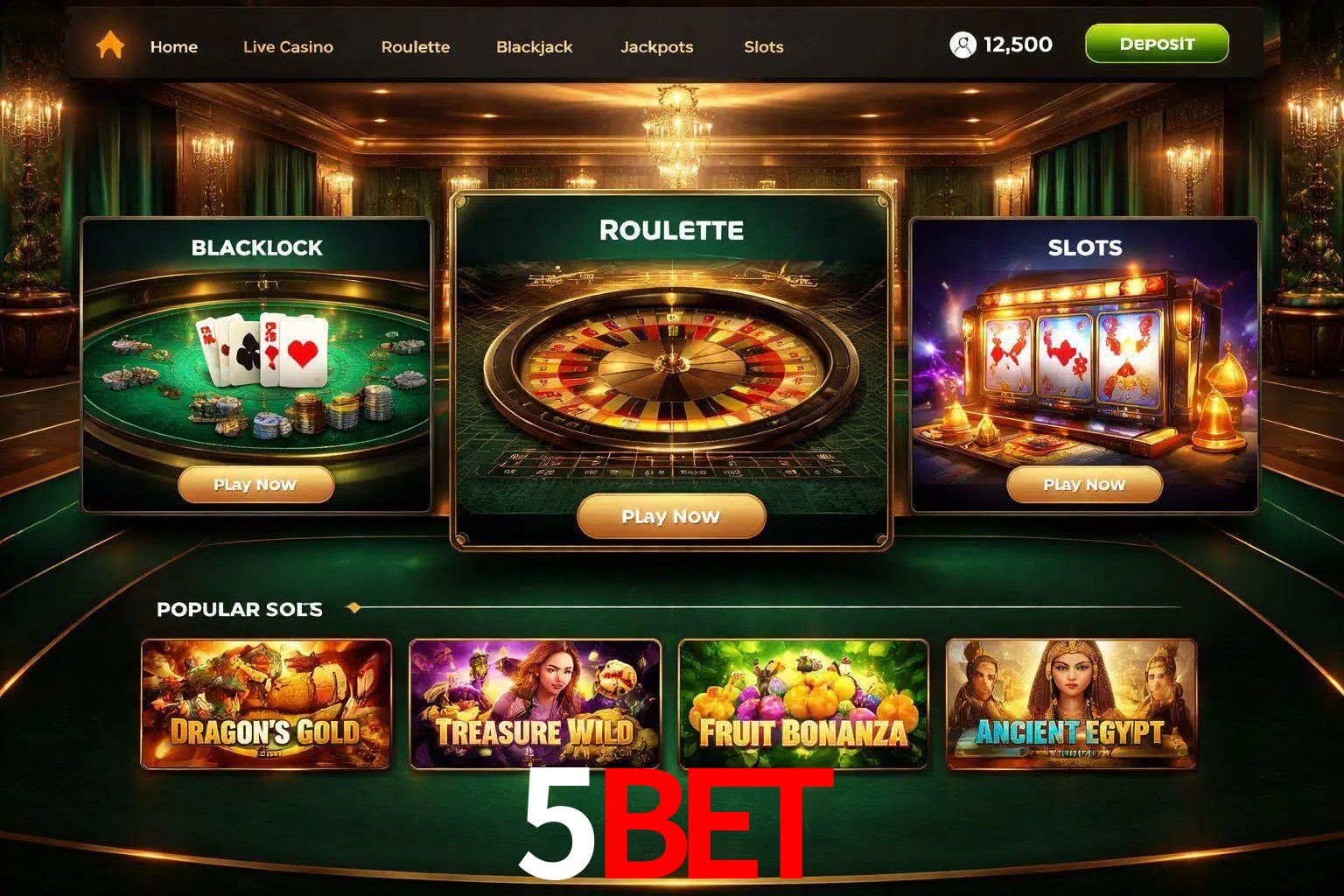 Vista de la plataforma 5BET Casino mostrando categorías organizadas de juegos en línea